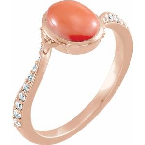 14K Rose Gold Natural Pink Coral Cabochon & 1/5 CTW Natural Diamond Ring