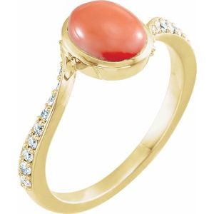 14K Yellow Gold Cabochon Pink Coral & 1/5 CTW Diamond Ring