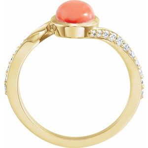 14K Yellow Gold Cabochon Pink Coral & 1/5 CTW Diamond Ring
