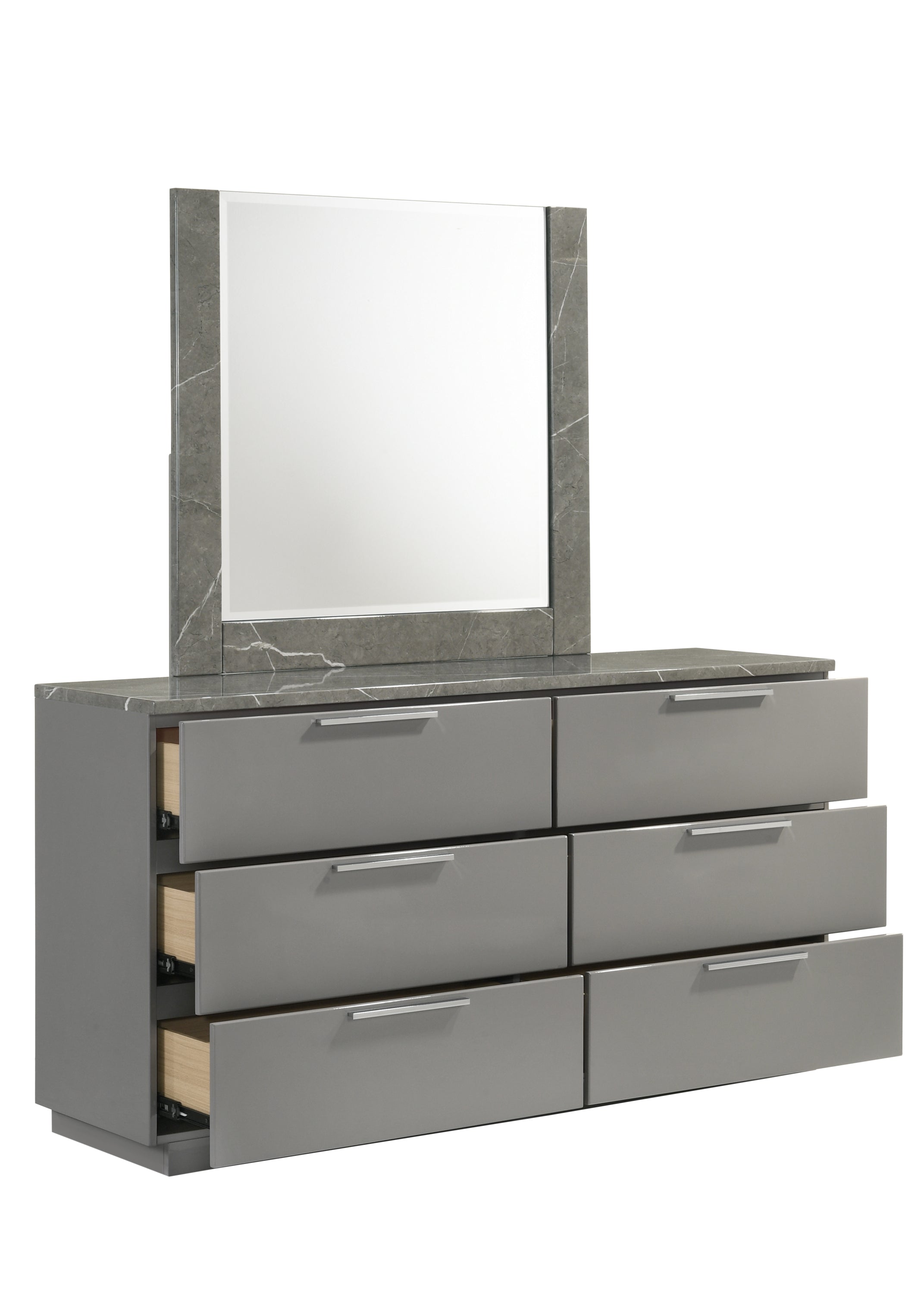 Elara Queen 5-Piece Set – Two-Tone High-Gloss Marble & Lacquer Finish with LED Lighting, Metal-Finished Legs, Spacious Storage- Gray (NJ Inventory)