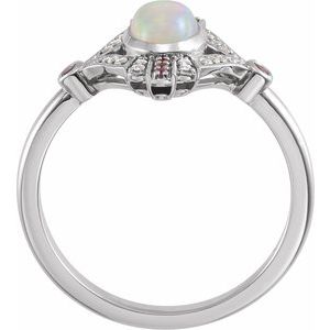 14K White Gold Natural Ethiopian Opal, Natural Pink Sapphire & .06 CTW Natural Diamond Cabochon Ring