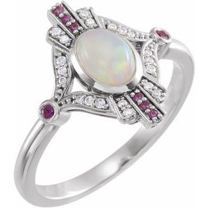 Sterling Silver Natural Ethiopian Opal, Natural Pink Sapphire & .06 CTW Natural Diamond Cabochon Ring