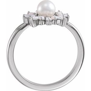 14K White Gold  Cultured White Akoya Pearl, Natural White Opal & 1/4 CTW Natural Diamond Ring
