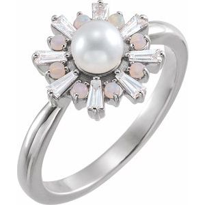 Sterling Silver  Cultured White Akoya Pearl, Natural White Opal & 1/4 CTW Natural Diamond Ring
