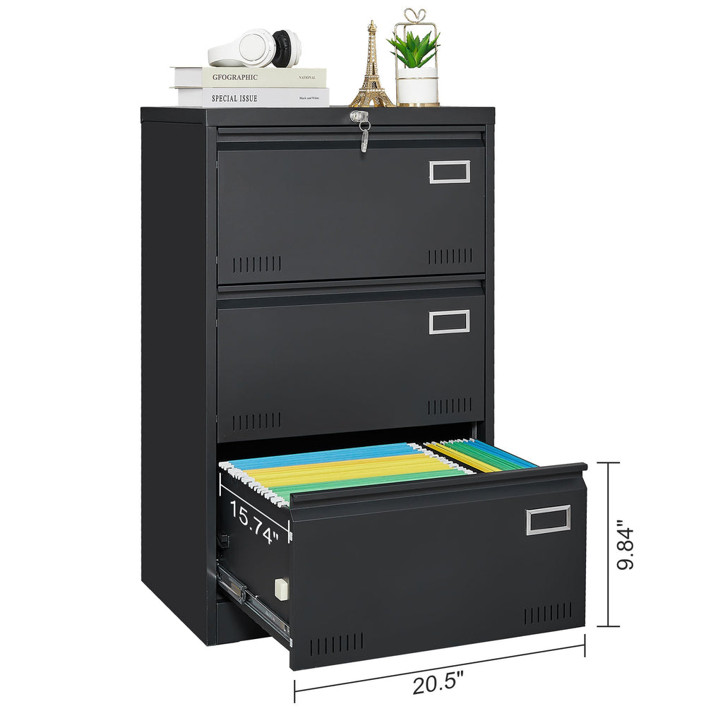 Black Metal 3-Drawer Lateral Filing Cabinet with Lock for Home and Office