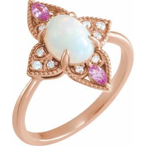 14K Rose Gold Natural Ethiopian Opal, Natural Pink Sapphire & .05 CTW Natural Diamond Ring