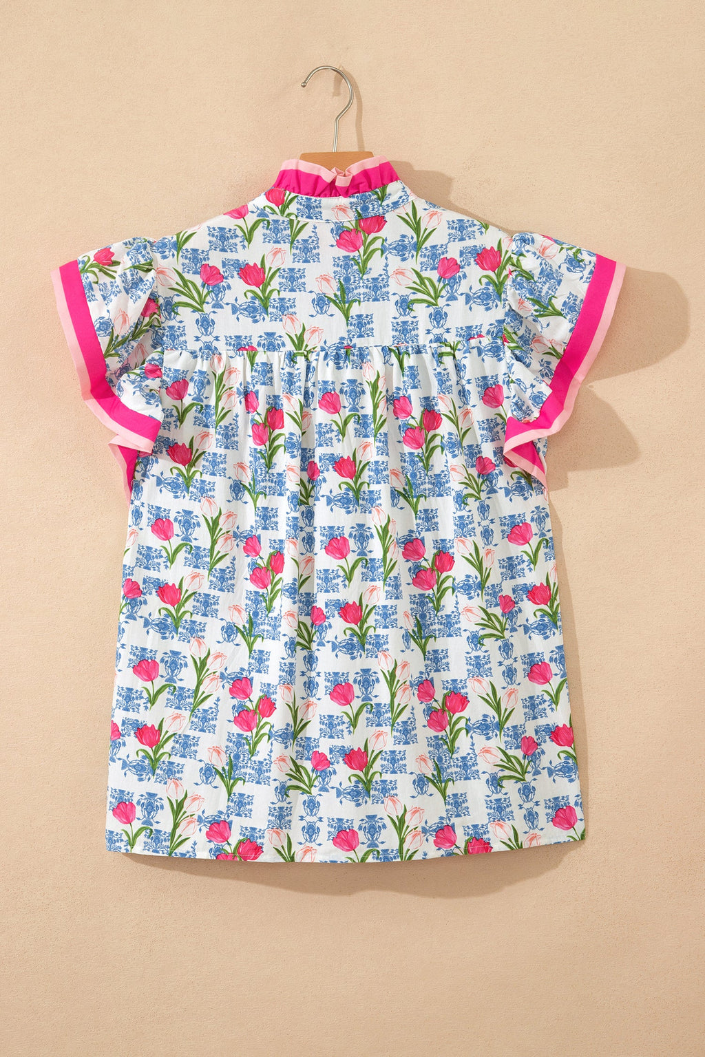 Floral Colorblock Flutter Sleeve Half Button Blouse