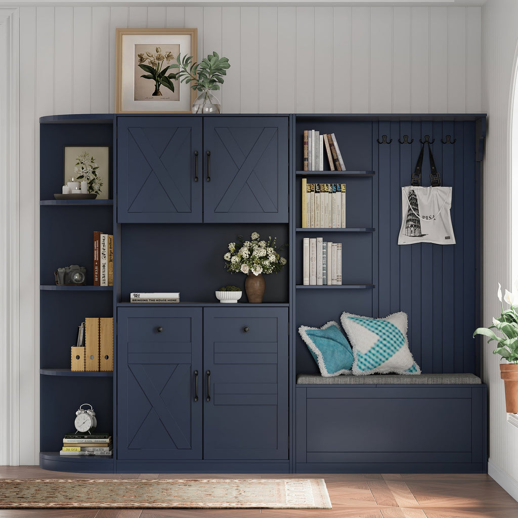 Multifunctional left-right combination hall cabinet (can be used separately) with storage and 4 hooks, storage cabinet/ hall tree 2 in 1 for living room, kitchen and hallway, antique blue