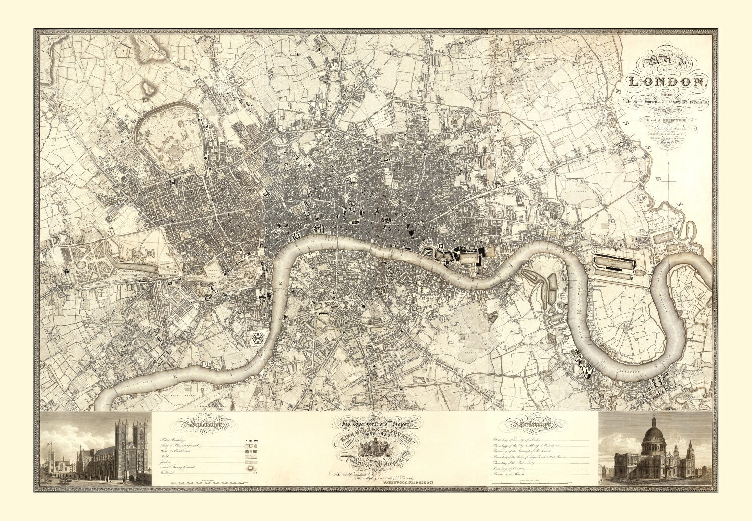 Vintage Map of London, England 1827