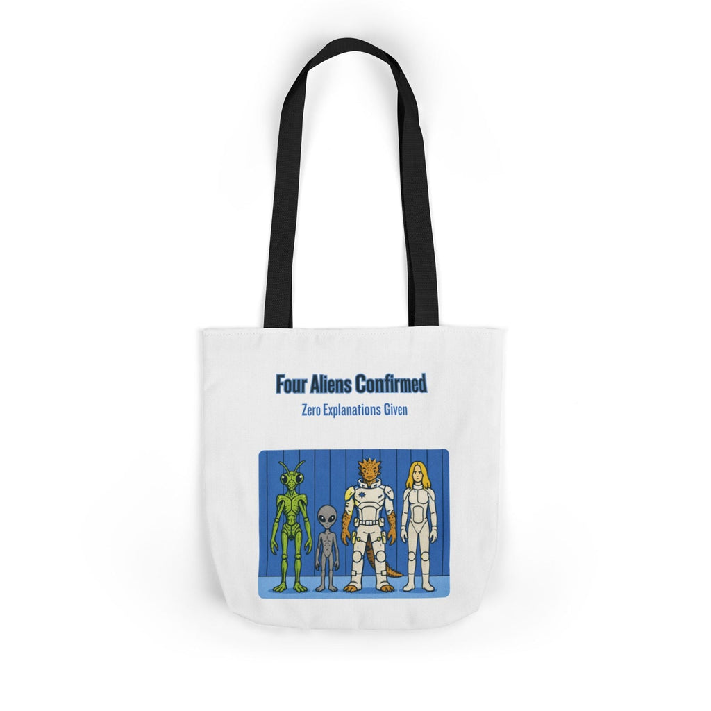"Four Aliens Confirmed" Sci‑Fi Canvas Tote