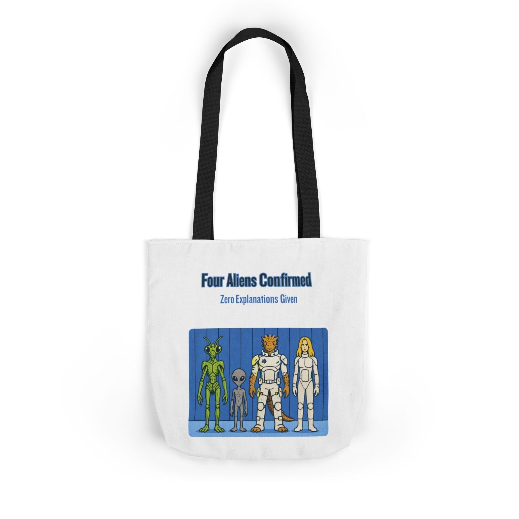 "Four Aliens Confirmed" Sci‑Fi Canvas Tote