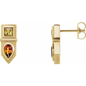 14K Yellow Gold Natural Yellow Multi-Gemstone Geometric Bar Earrings
