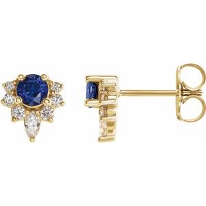 14K Yellow Gold Lab-Grown Blue Sapphire & 1/6 CTW Natural Diamond Earrings