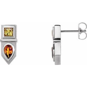 Sterling Silver Natural Yellow Multi-Gemstone Geometric Bar Earrings