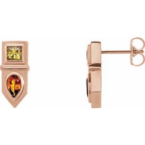 14K Rose Gold Natural Yellow Multi-Gemstone Geometric Bar Earrings