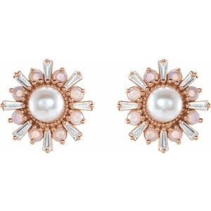 14K Rose Gold Cultured White Akoya Pearl, Natural White Opal & 1/6 CTW Natural Diamond Earrings