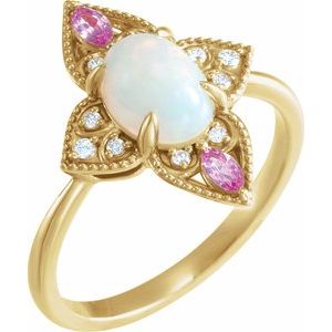 14K Yellow Gold Natural Ethiopian Opal, Natural Pink Sapphire & .05 CTW Natural Diamond Ring