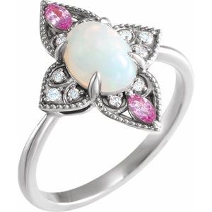 14K White Gold Natural Ethiopian Opal, Natural Pink Sapphire & .05 CTW Natural Diamond Ring