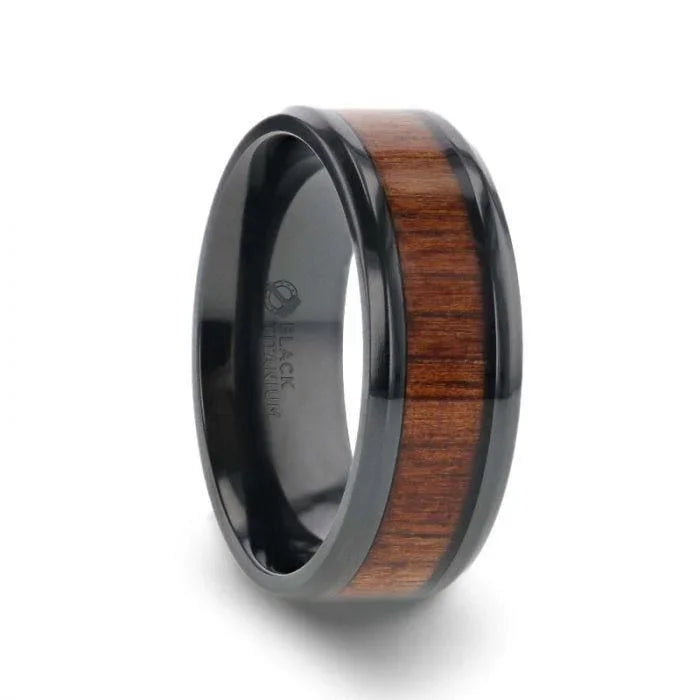 LEIFI Black Titanium Ring with Koa Wood Inlay and Bevels - 8mm