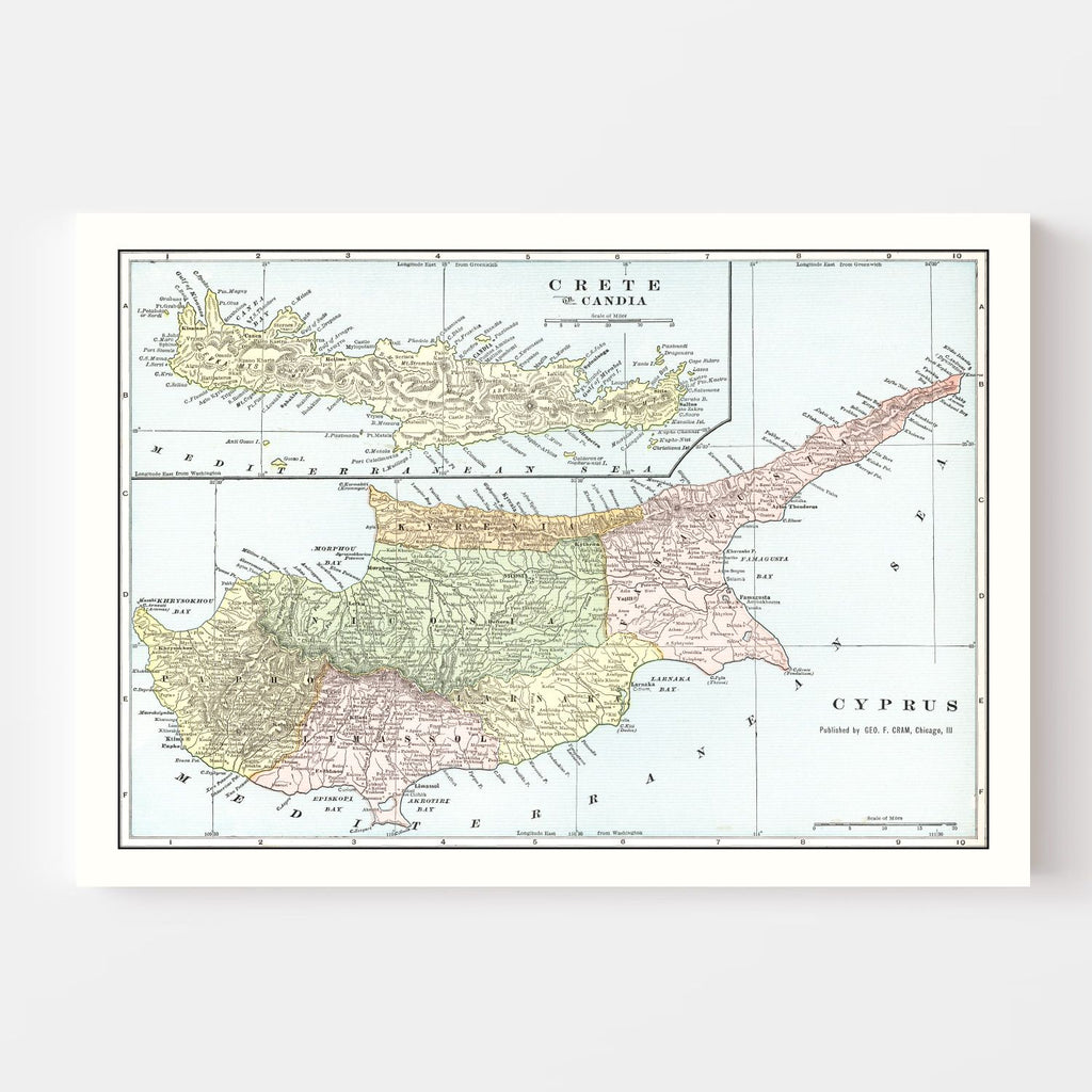 Vintage Map of Cyprus & Crete 1901