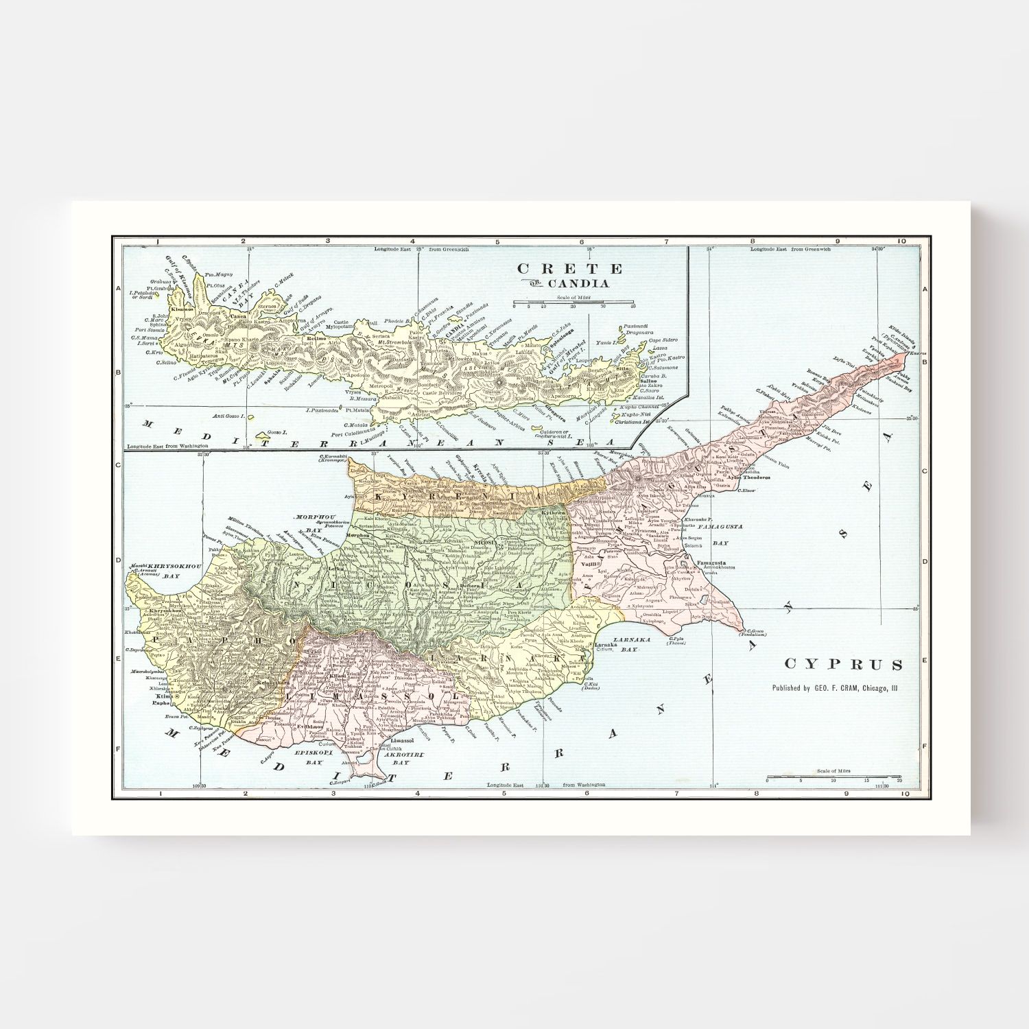 Vintage Map of Cyprus & Crete 1901