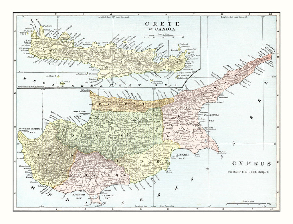 Vintage Map of Cyprus & Crete 1901