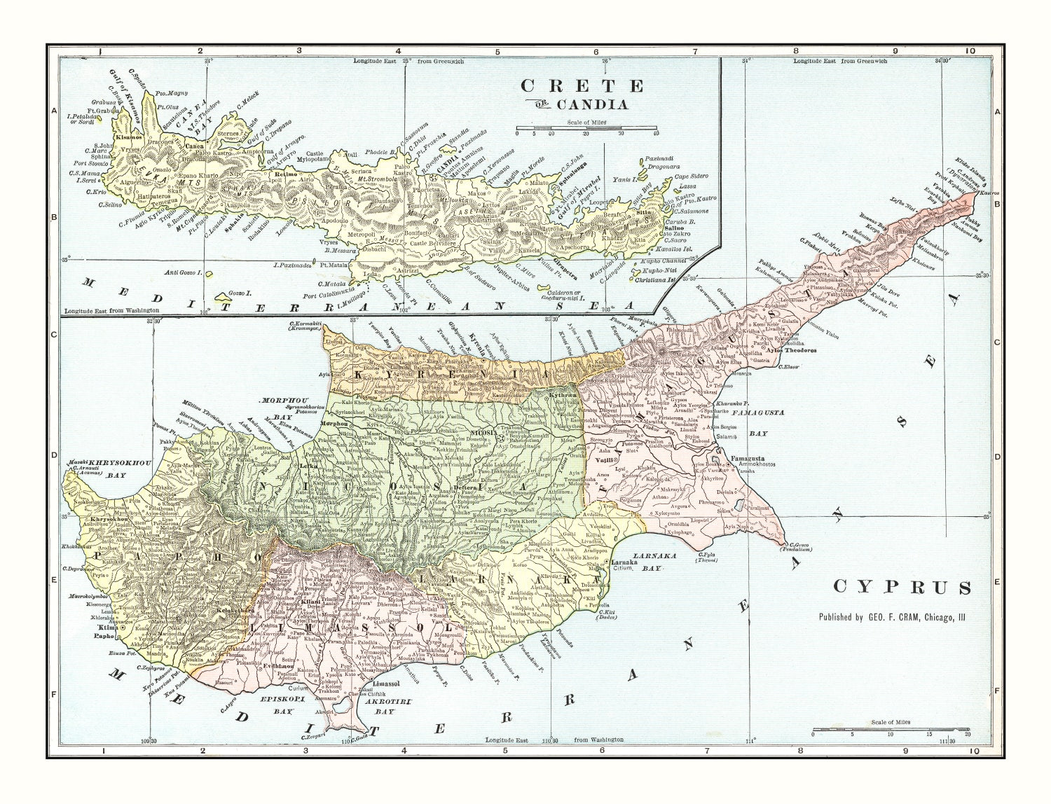Vintage Map of Cyprus & Crete 1901