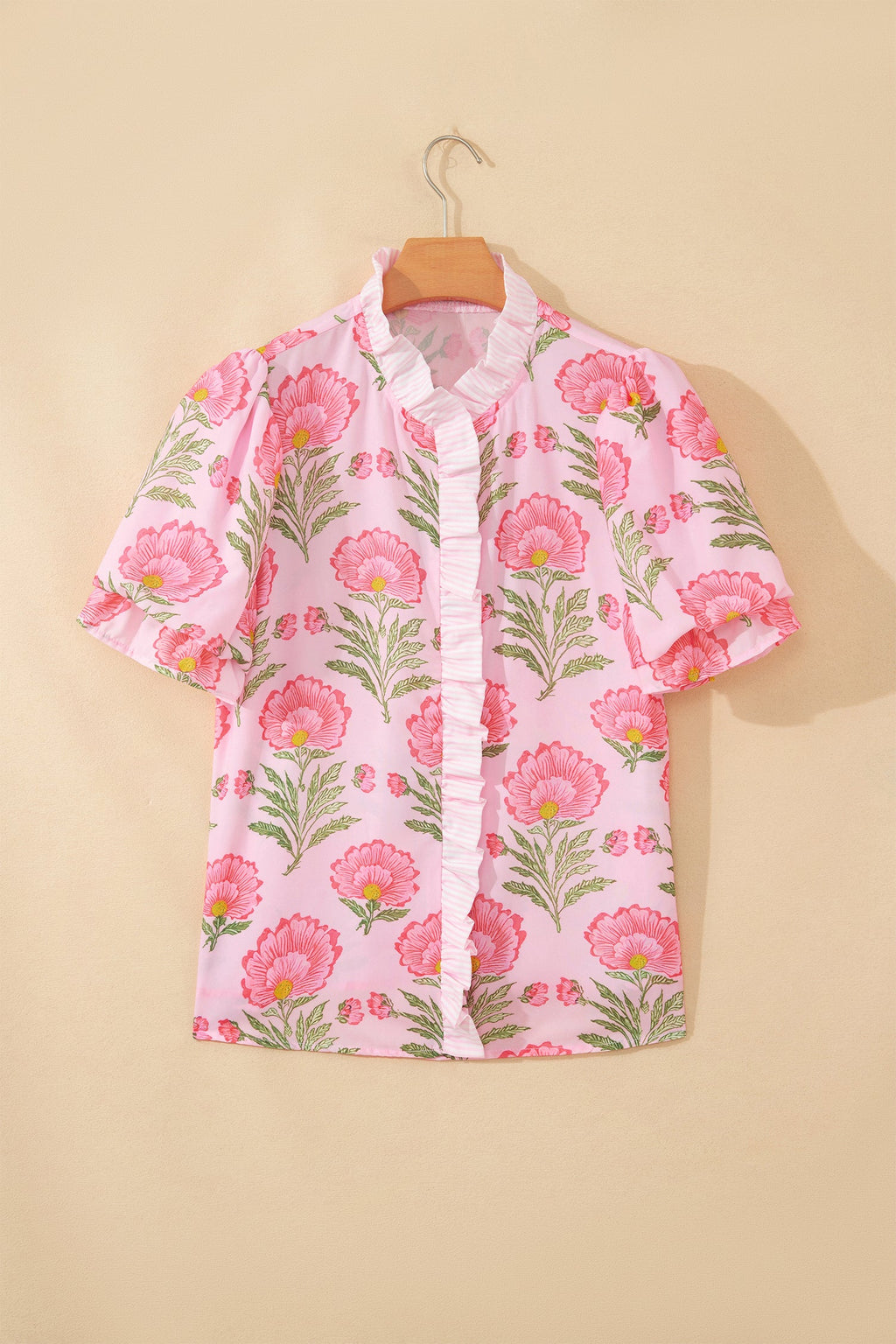 Floral Ruffle Stripe Trim Puff Sleeve Shirt