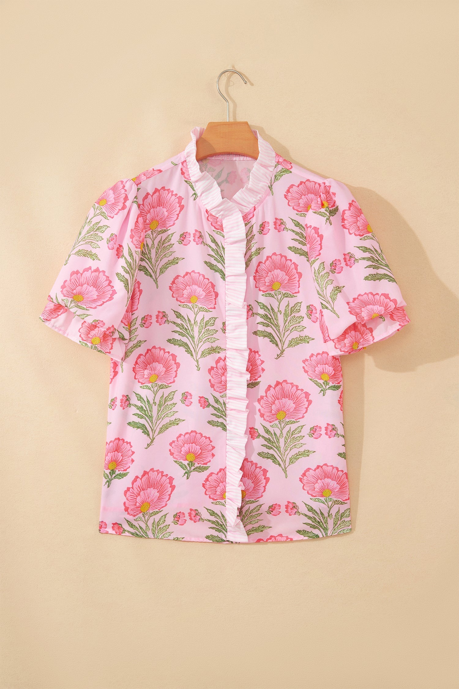 Floral Ruffle Stripe Trim Puff Sleeve Shirt