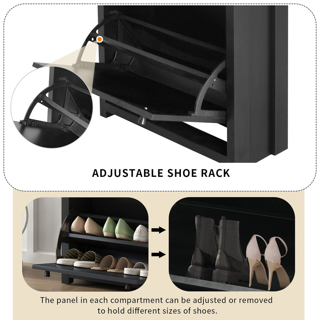 ON-TREND Functional Entryway Organizer with 2 Flip Drawers, Wood Grain Pattern Top Shoe Cabinet with Drawer, Free Standing Shoe Rack with Adjustable Panel for Hallway, Black