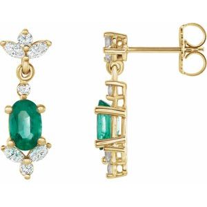 14K Yellow Gold Natural Emerald & 1/3 CTW Natural Diamond Earrings
