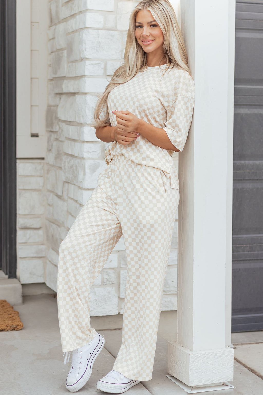 Khaki 2-piece Checkered Print Half Sleeve T-shirt and Lounge Pants Set