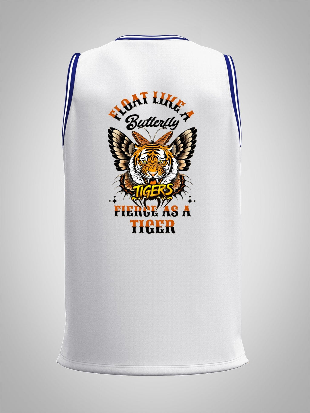 Float Like a Butterfly Fierce as a Tiger Adult White with Trim Basketball Jersey | Ships From USA