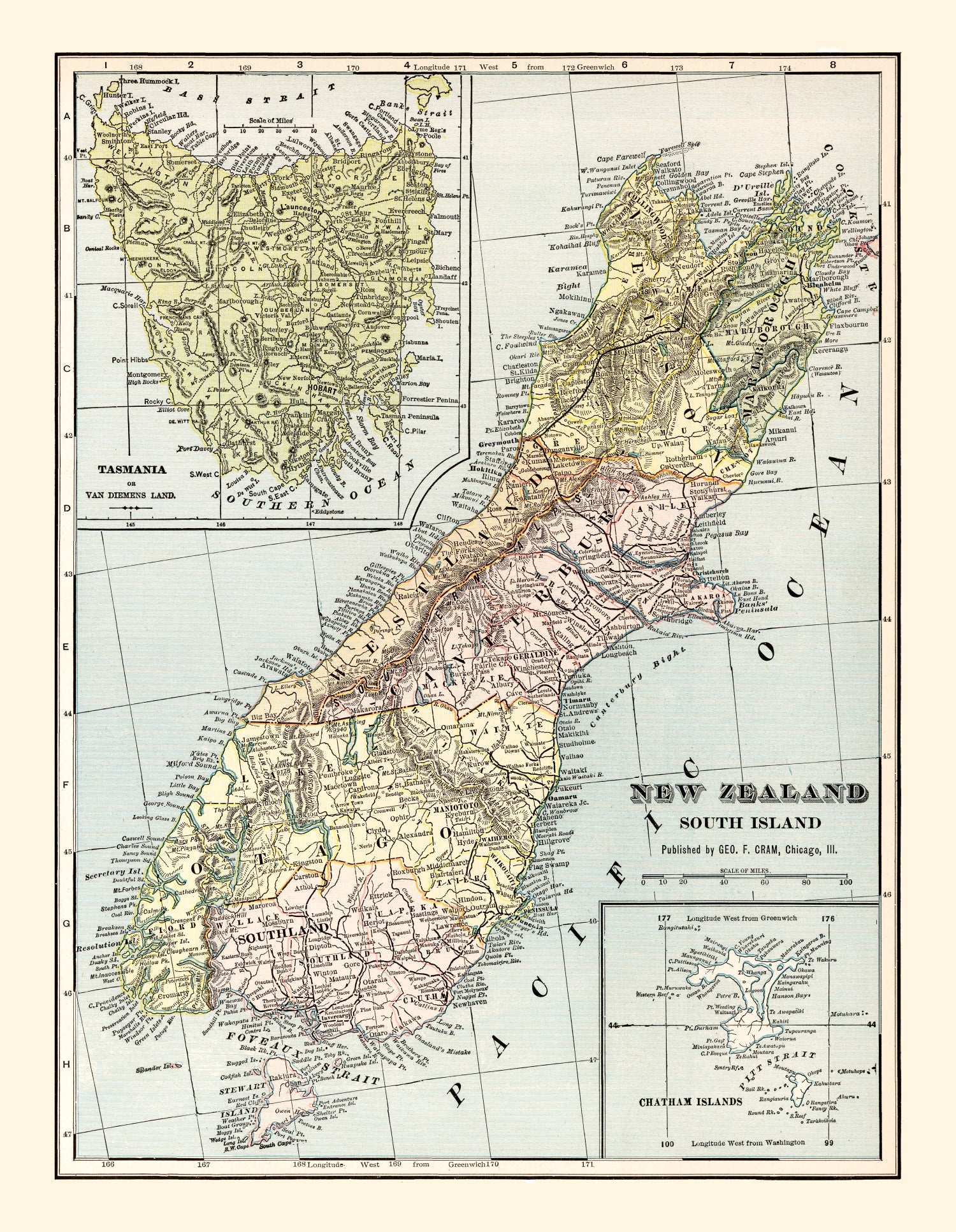 Vintage Map of New Zealand (South Island) 1901