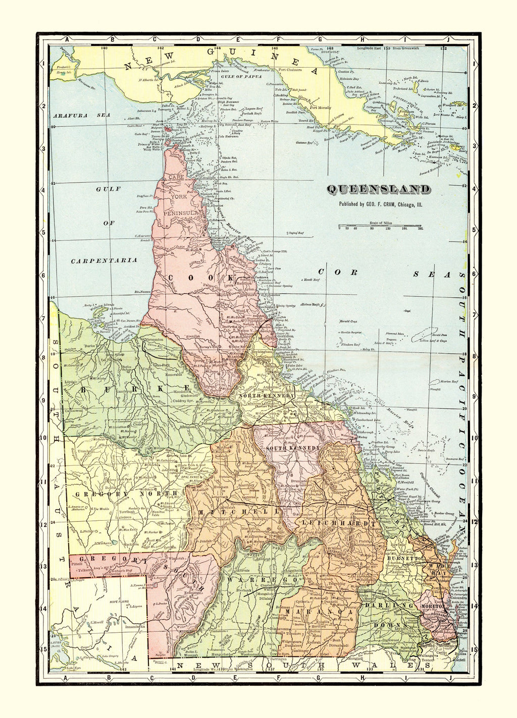 Vintage Map of Queensland, Australia 1901