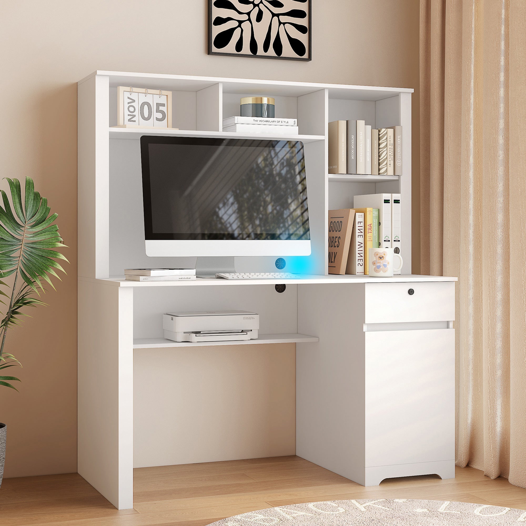 Modern Wooden Computer Desk with Hutch & Bookshelf, White Home Office Desk with Drawers, 3 AC Outlets, 2 USB Ports