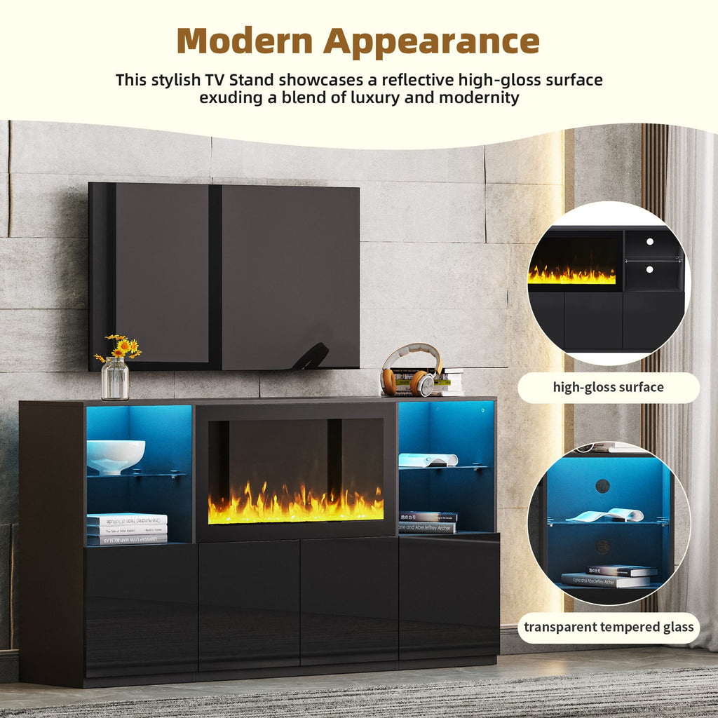 ON-TREND High Gloss TV Stand with 34.2' Non-heating Electric Fireplace, Modern Entertainment Center with LED Light, Media Console with Tempered Glass Shelves for TVs up to 75', Living Room, Black