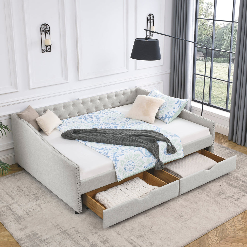 Queen Size Daybed with Drawers Upholstered Tufted Sofa Bed,,with Button on Back and Copper Nail on Waved Shape Arms, Beige (84.5'x63.5'x26.5')