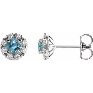 Sterling Silver 5 mm Natural Aquamarine & 1/3 CTW Natural Diamond Halo-Style Earrings