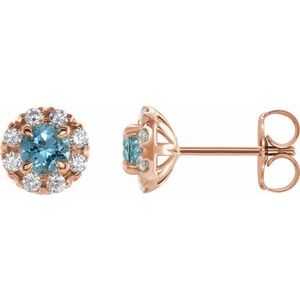 14K Rose Gold 4 mm Natural Aquamarine & 1/5 CTW Natural Diamond Halo-Style Earrings