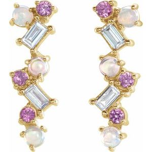 14K Yellow Gold Natural Ethiopian Opal, Natural Pink Sapphire & 1/10 CTW Natural Diamond Scattered Bar Earrings – image 2