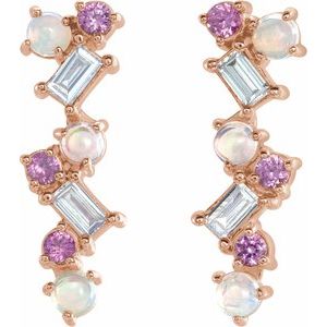 14K Rose Gold Natural Ethiopian Opal, Natural Pink Sapphire & 1/10 CTW Natural Diamond Scattered Bar Earrings – image 2