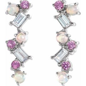 14K White Gold Natural Ethiopian Opal, Natural Pink Sapphire & 1/10 CTW Natural Diamond Scattered Bar Earrings – image 2