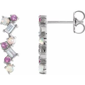 14K White Gold Natural Ethiopian Opal, Natural Pink Sapphire & 1/10 CTW Natural Diamond Scattered Bar Earrings