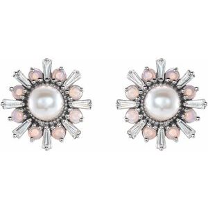 Platinum Cultured White Akoya Pearl, Natural White Opal & 1/6 CTW Natural Diamond Earrings