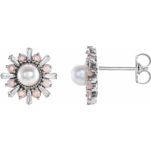 Platinum Cultured White Akoya Pearl, Natural White Opal & 1/6 CTW Natural Diamond Earrings