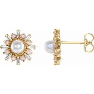 14K Yellow Gold Cultured White Akoya Pearl, Natural White Opal & 1/6 CTW Natural Diamond Earrings