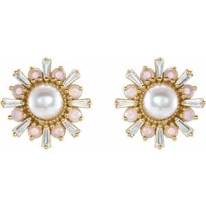 14K Yellow Gold Cultured White Akoya Pearl, Natural White Opal & 1/6 CTW Natural Diamond Earrings