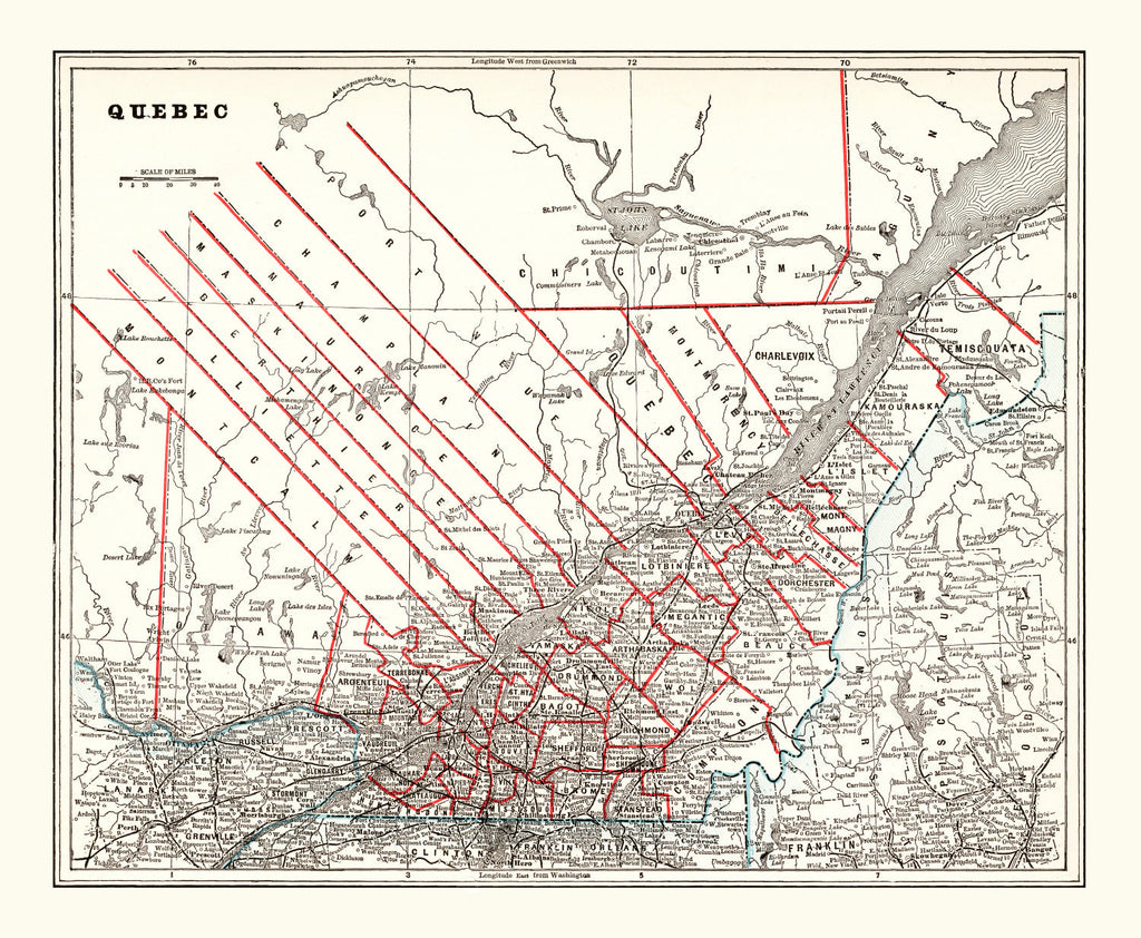 Vintage Map of Quebec, Canada 1893
