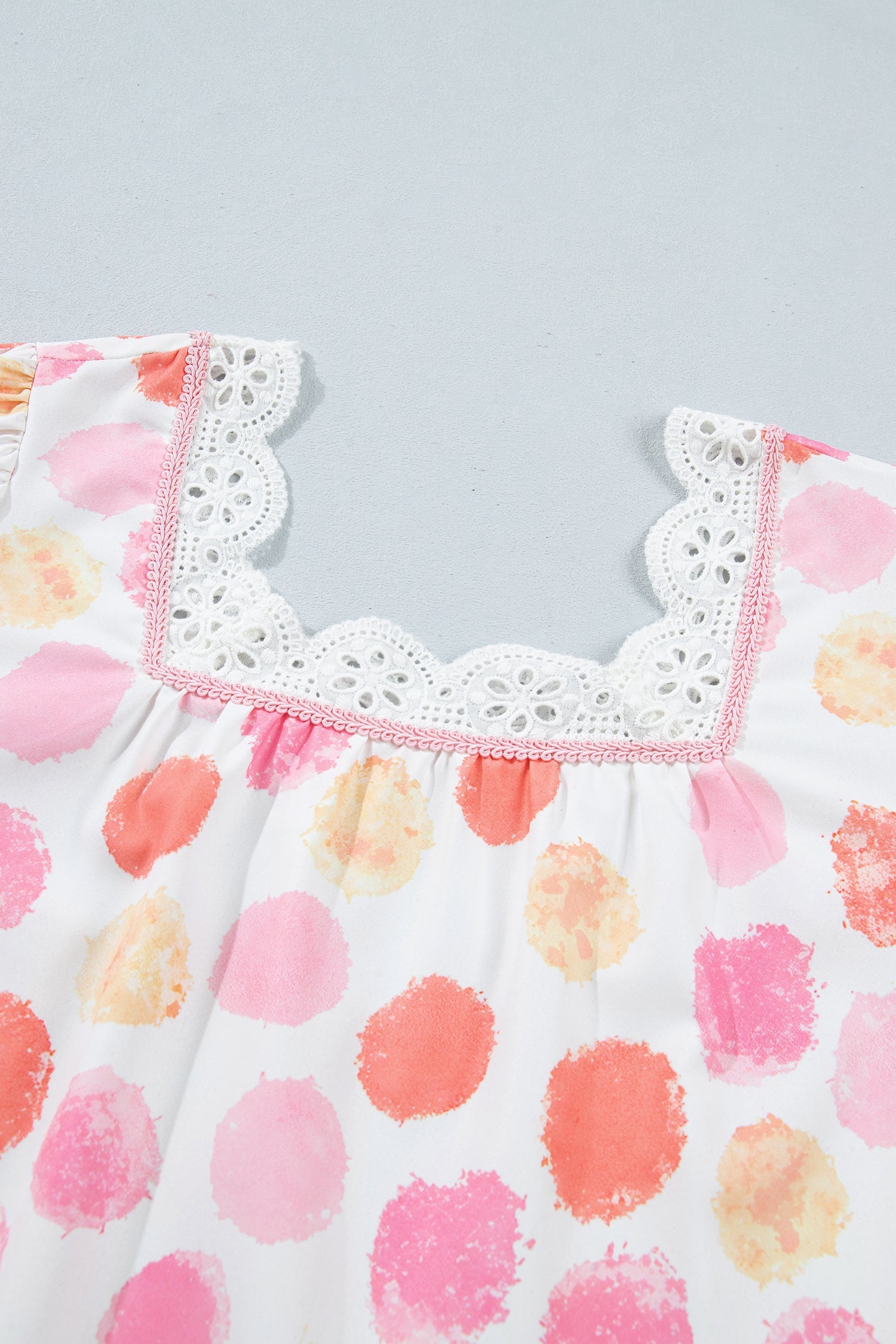 Polka Dot Lace Trim Square Neck Puff Sleeve Blouse